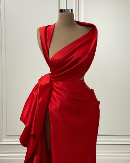 Elegant Red Charmeuse Sleeveless Long Prom Dress With High Slit