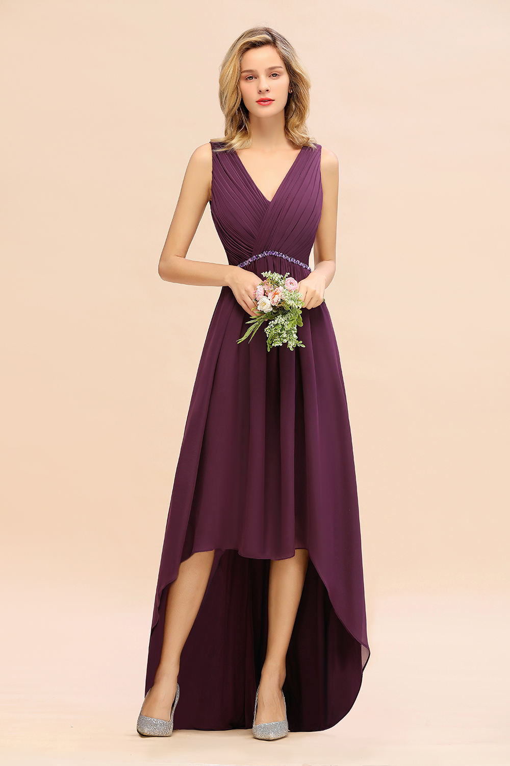 BMbridal Chic Hi-Lo V Neck Ruffle Bridesmaid Dress with Beading Sash-BMbridal