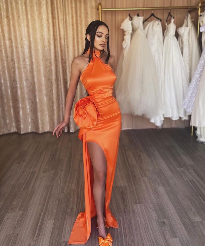 Orange Flower Halter Sleeveless High Split Prom Dress With Pleated