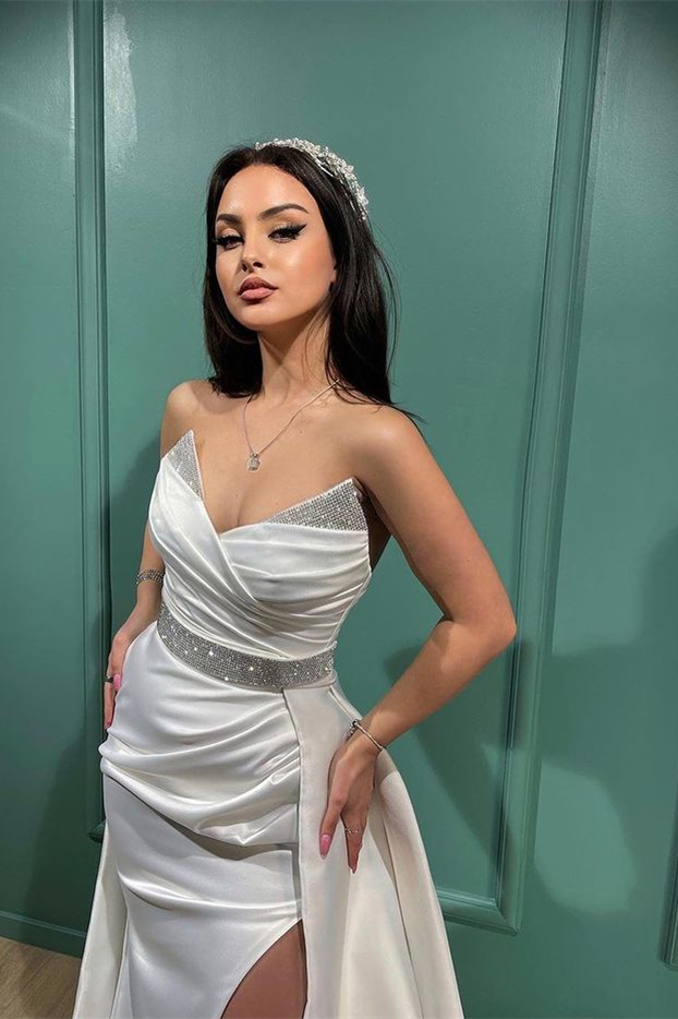 Strapless V Neck White Split Mermaid Prom Dress With Sequins