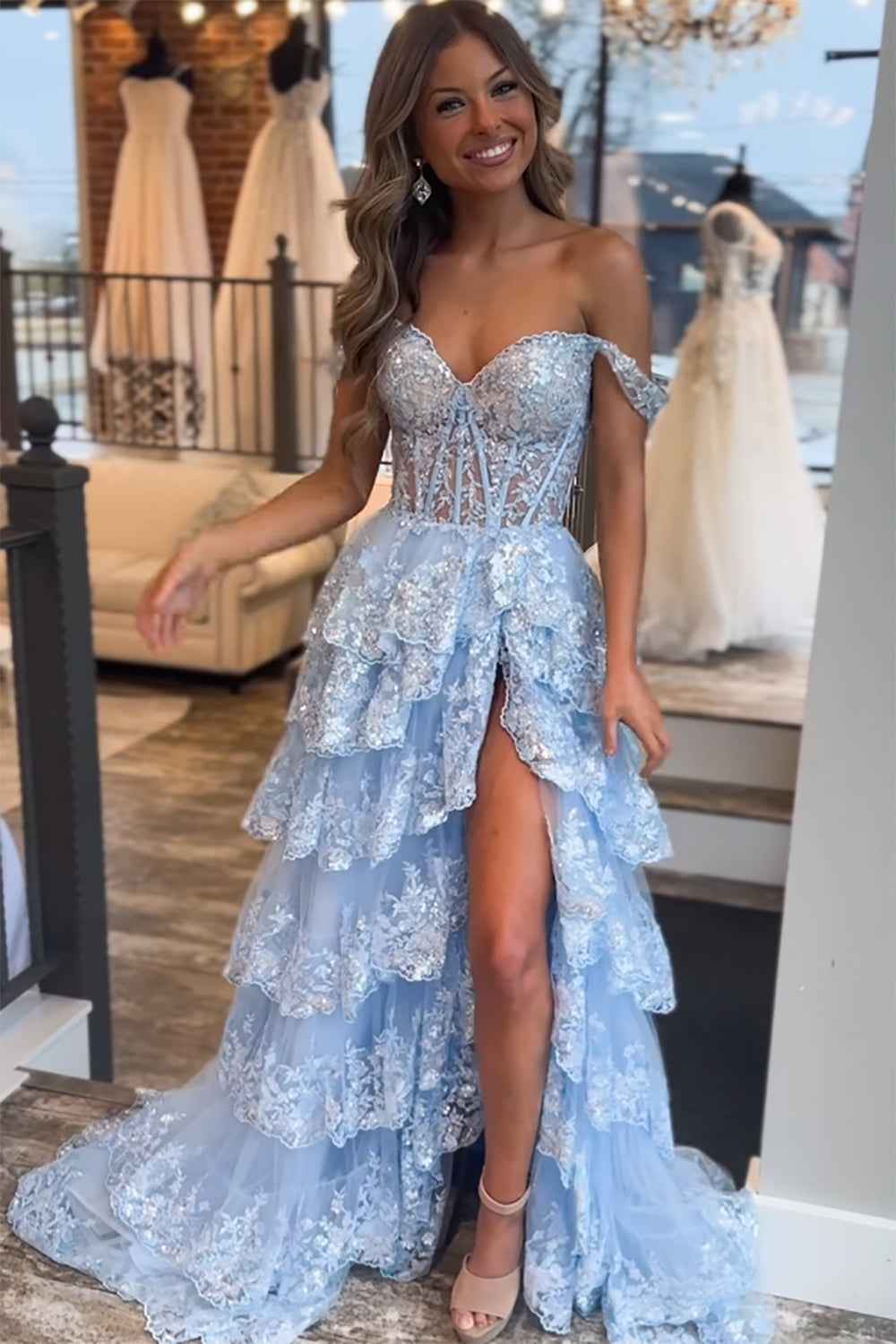 Princess A Line Off the Shoulder Ocean Blue Corset Prom Dress with Lace Ruffles