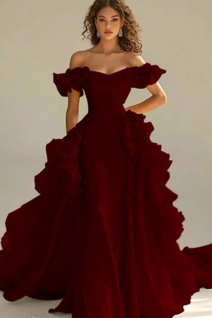 Off the Shoulder Sleeveless Long Mermaid Prom Dress With Ruffles