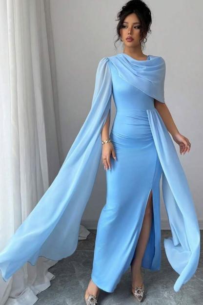 Sleeveless Jewel Neck Long Mermaid Prom Dress With Split Pleated