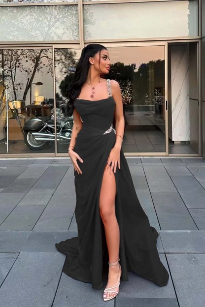 Spaghetti Strap Sleeveless Long Prom Dress With Split Beading