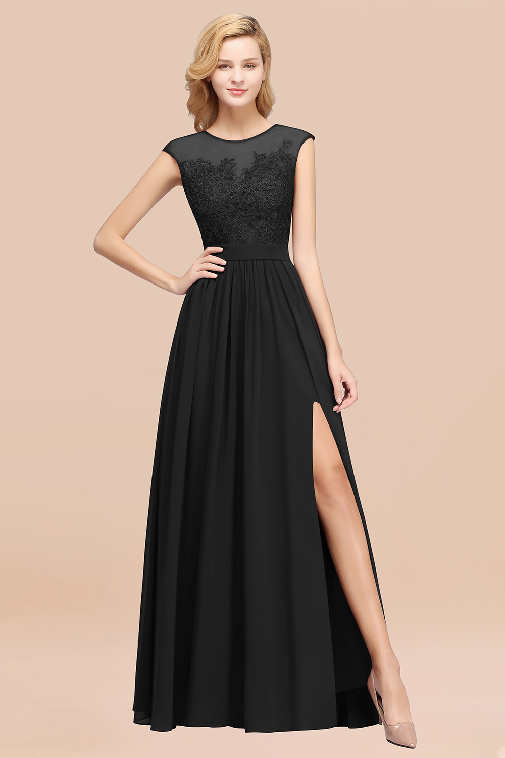 BMbridal Affordable Scoop Lace Appliques Yellow Bridesmaid Dresses with Slit-BMbridal