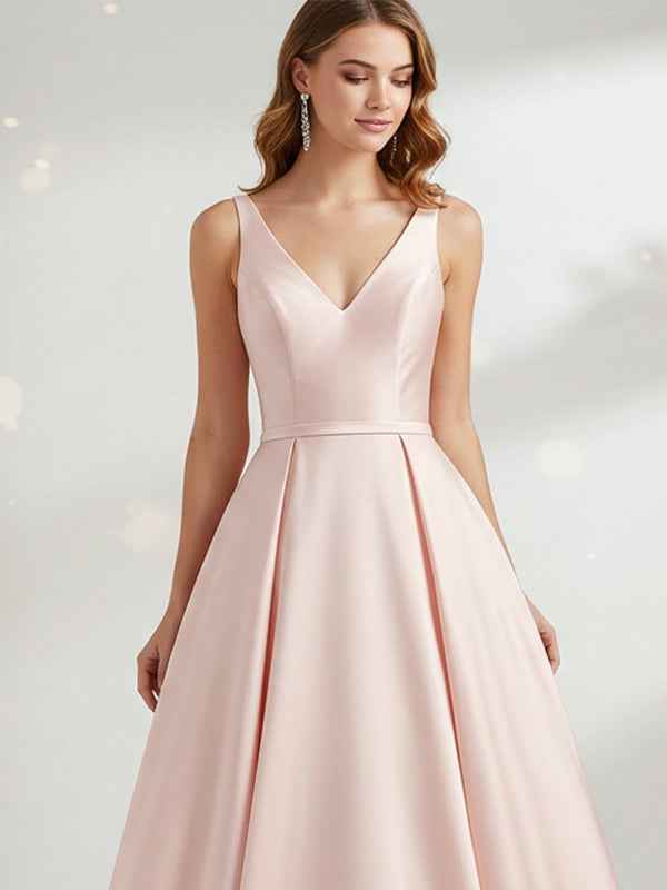 Pink Sheath/Column V-Neck Floor-Length Satin Prom Dress