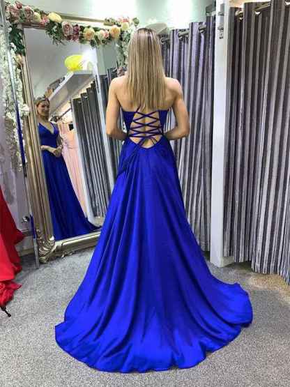 Blue A Line Spaghetti Straps V Neck Satin Long Prom Dress with Slit