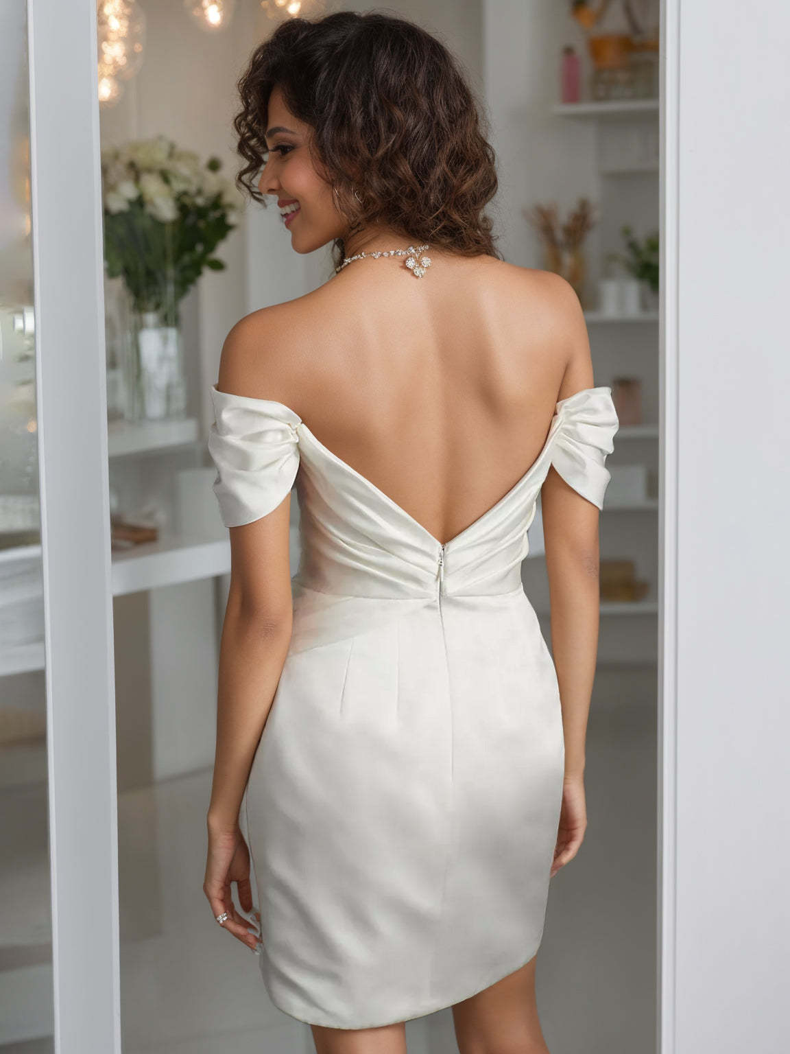 Elegant Off-the-shoulder A-Line Wedding Dress with Asymmetrical Short Sleeves