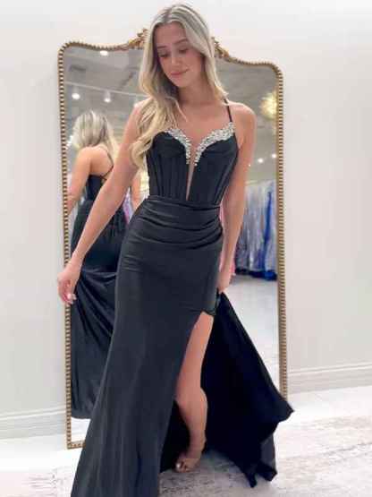 Sparkly Black Mermaid Spaghetti Straps Grey Corset Prom Dress with Slit