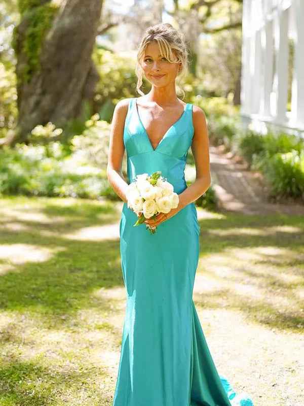 Green Mermaid V Neck Long Prom Dress with Open Back