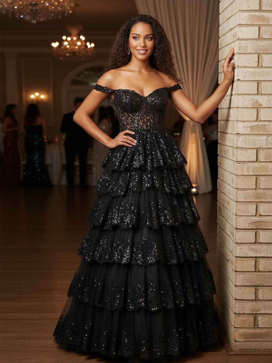 Off the Shoulder Tiered Lace Long Prom Dress