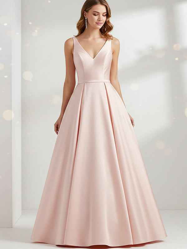 Pink Sheath/Column V-Neck Floor-Length Satin Prom Dress