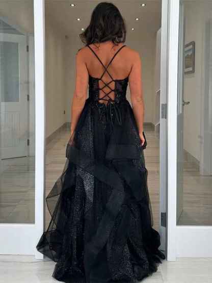 Sparkly Black A Line Spaghetti Straps Tiered Corset Tulle Long Prom Dress