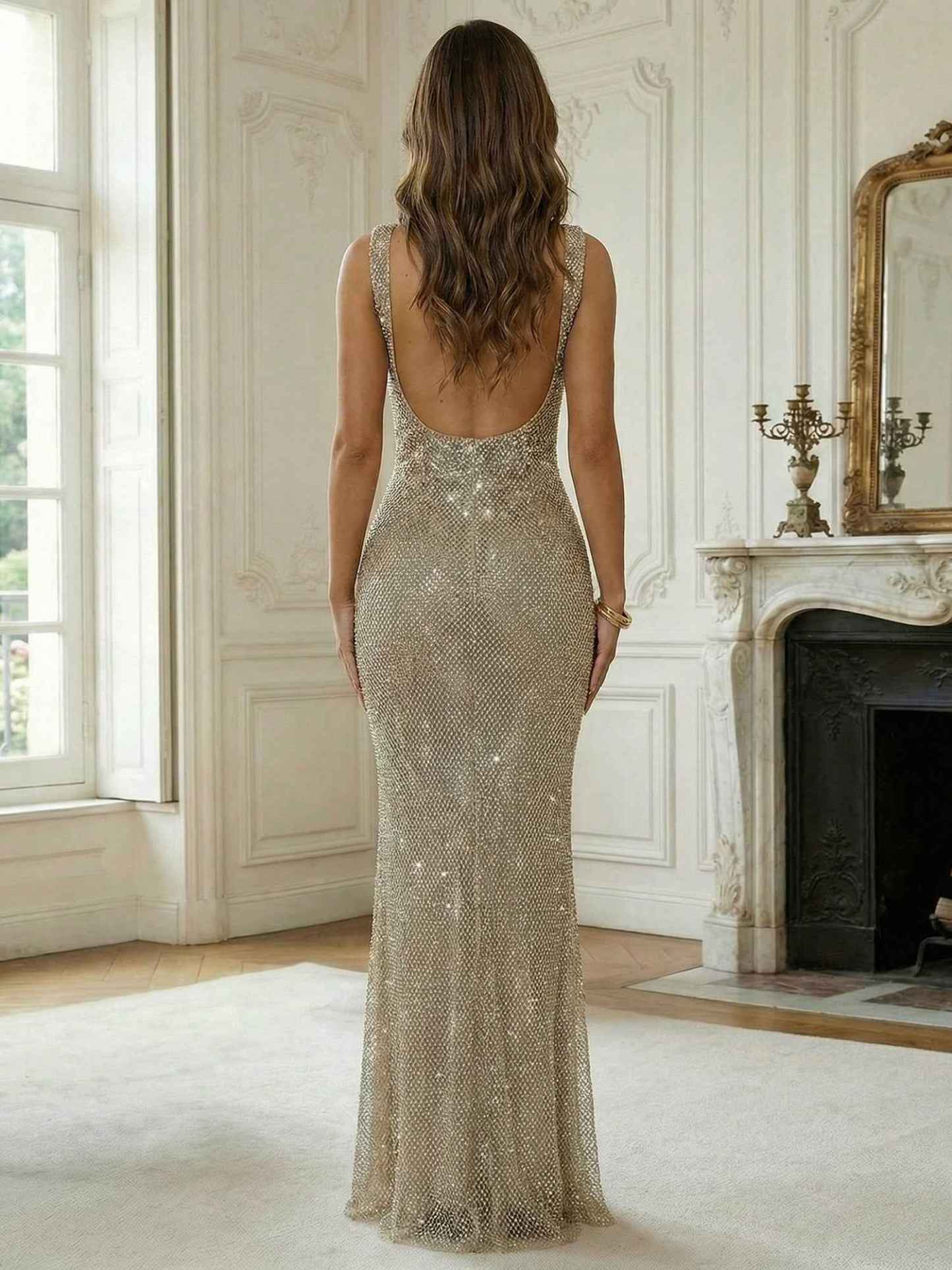 Crystal-Embellished Mermaid Long Prom Dress with Square Neckline