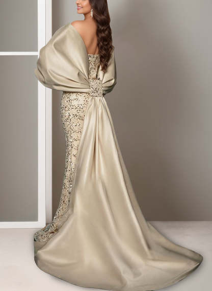 Off-the-shoulder Evening Dress with Mermaid/Trumpet Silhouette Sweep Train Side Split and Bow(s)