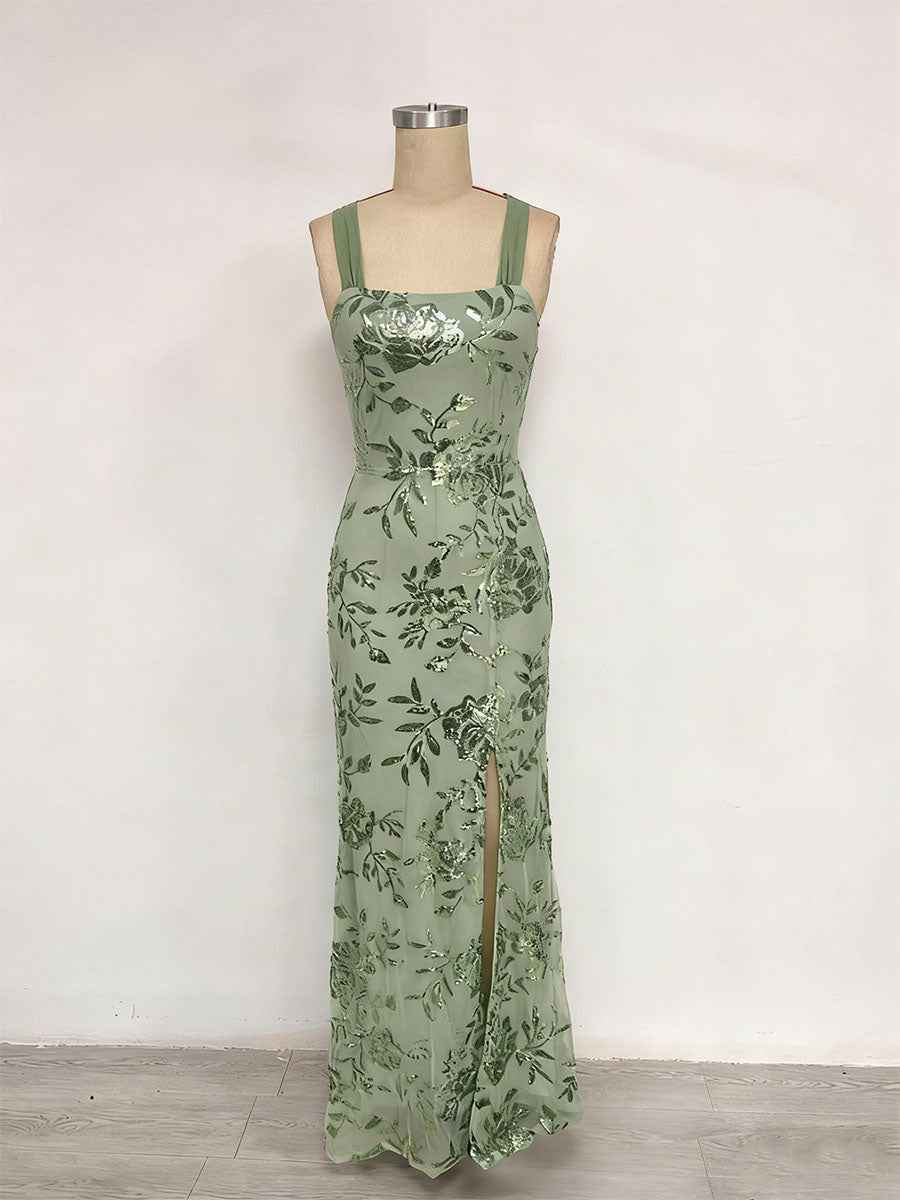 Lavender Square Neckline Floral Sequin Column Prom Dress with Wide Straps