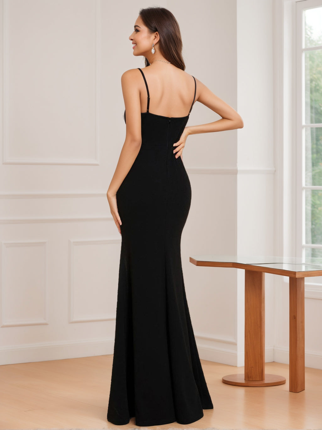 Sleeveless Floor-Length Evening Gown with Rhinestone Spaghetti Strap Sheath