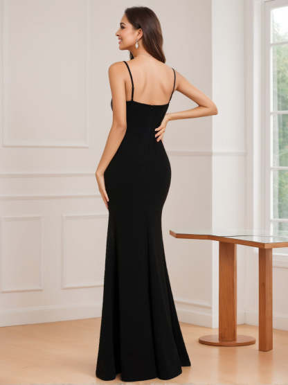 Sleeveless Floor-Length Evening Gown with Rhinestone Spaghetti Strap Sheath