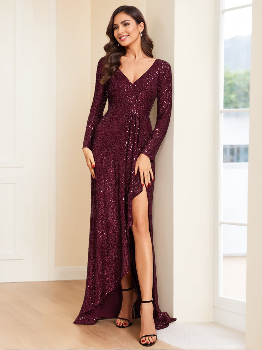 V-Neck A-Line Princess Evening Gown with Long Sleeves and Asymmetrical Sequins