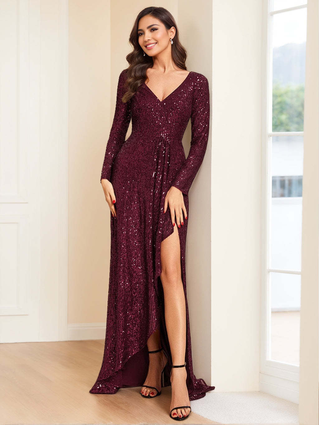 V-Neck A-Line Princess Evening Gown with Long Sleeves and Asymmetrical Sequins