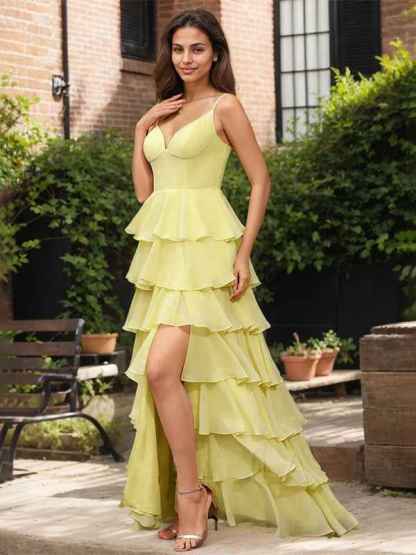 Yellow A Line V-Neck Ruffled Tiered Chiffon Prom Dress with Slit