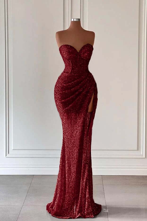 Red Sweetheart Sleeveless Long Mermaid Sequins Prom Dress With High Split