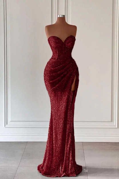 Red Sweetheart Sleeveless Long Mermaid Sequins Prom Dress With High Split