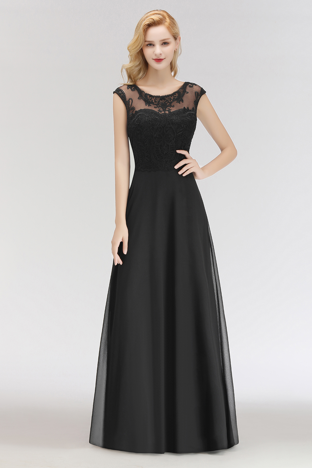 BMbridal Elegant Chiffon Long Lace Black Bridesmaid Dresses Online-BMbridal