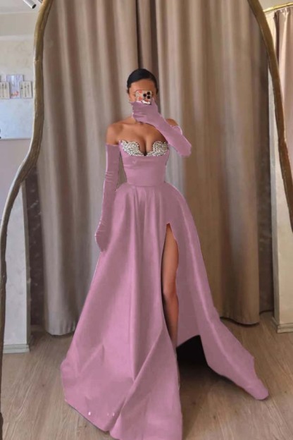 Strapless Sleeveless Long Split Prom Dress With Beading Long Gloves