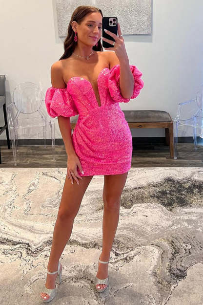 Sparkly Hot Pink Corset Detachable Sleeves Tight Short Homecoming Dress