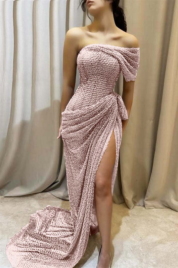 One Shoulder Sleeveless Long Mermaid Prom Dress With Split Pleated