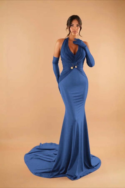 Halter Sleeveless Long Mermaid Prom Dress With Pleated Gloves