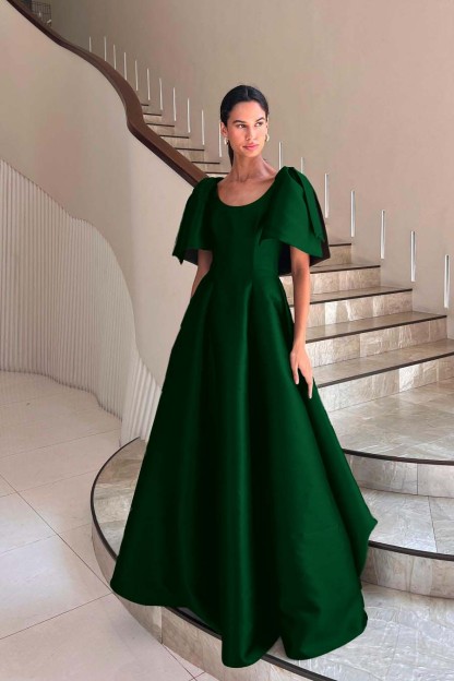 Jewel Neck Short Sleeves Long A Line Prom Dress With Pleated