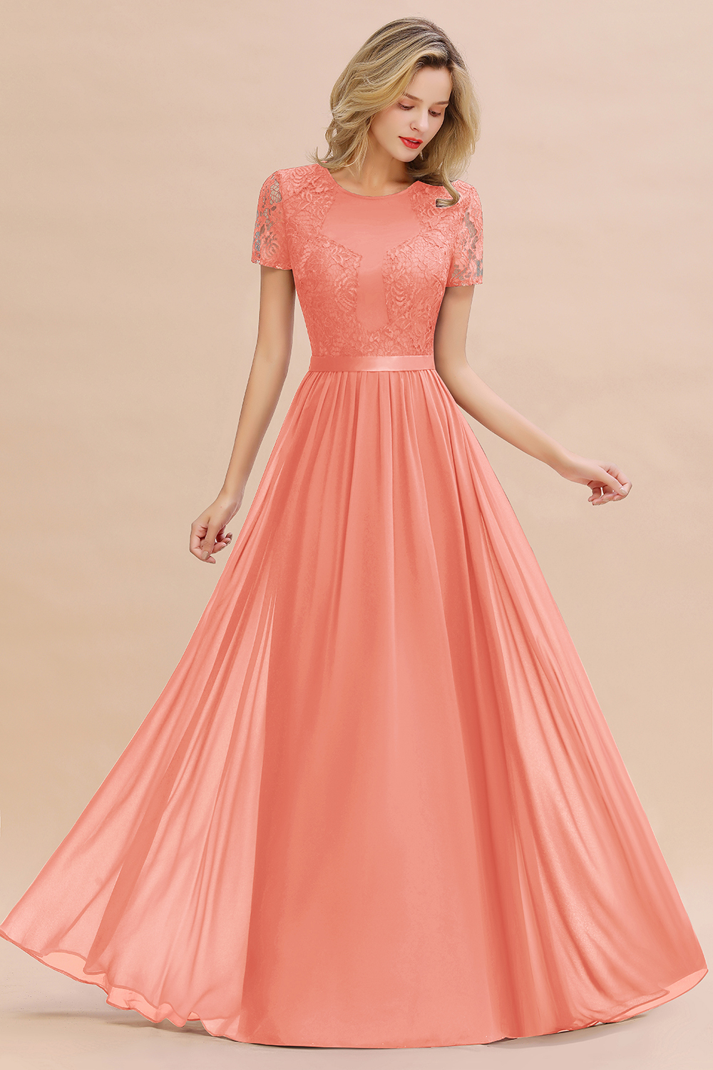 BMbridal Elegant Chiffon Lace Jewel Short-Sleeves Affordable Bridesmaid Dress-BMbridal