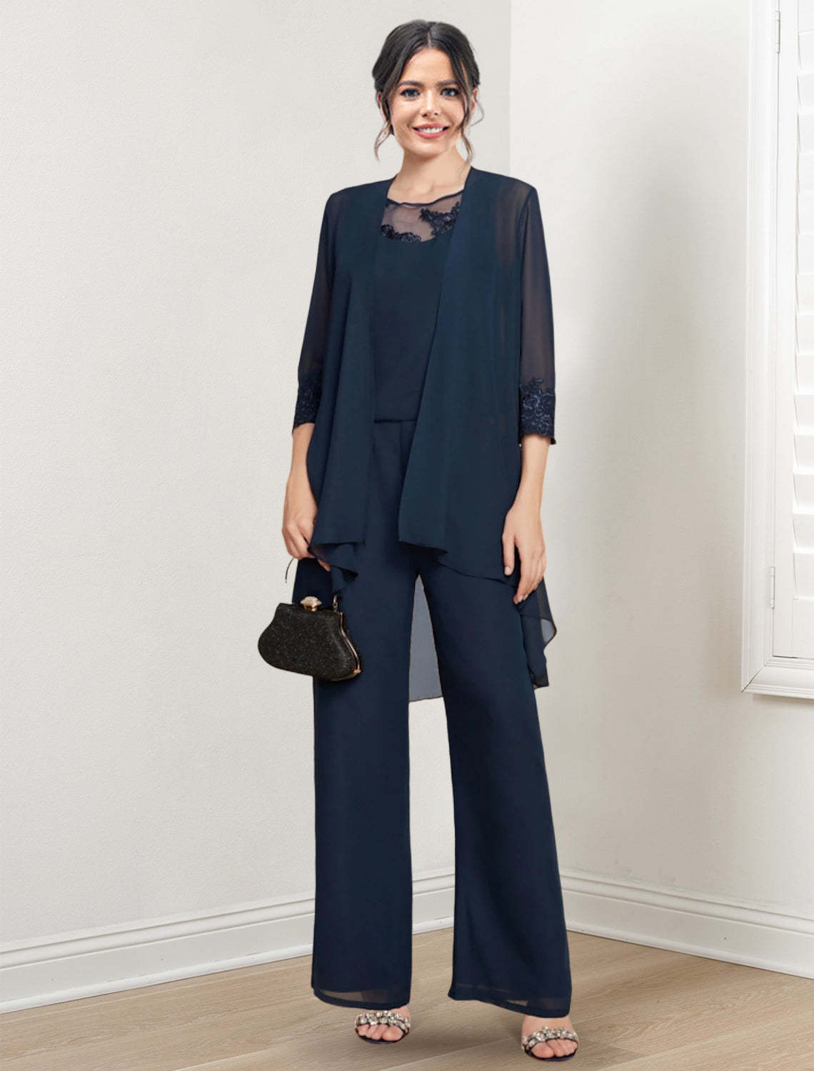 Mother of the Bride Scoop Neck Chiffon Pantsuit with Jacket