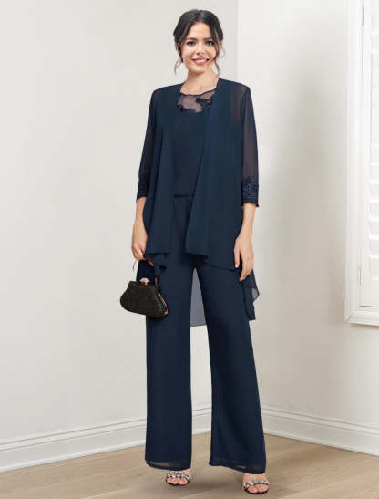 Mother of the Bride Scoop Neck Chiffon Pantsuit with Jacket