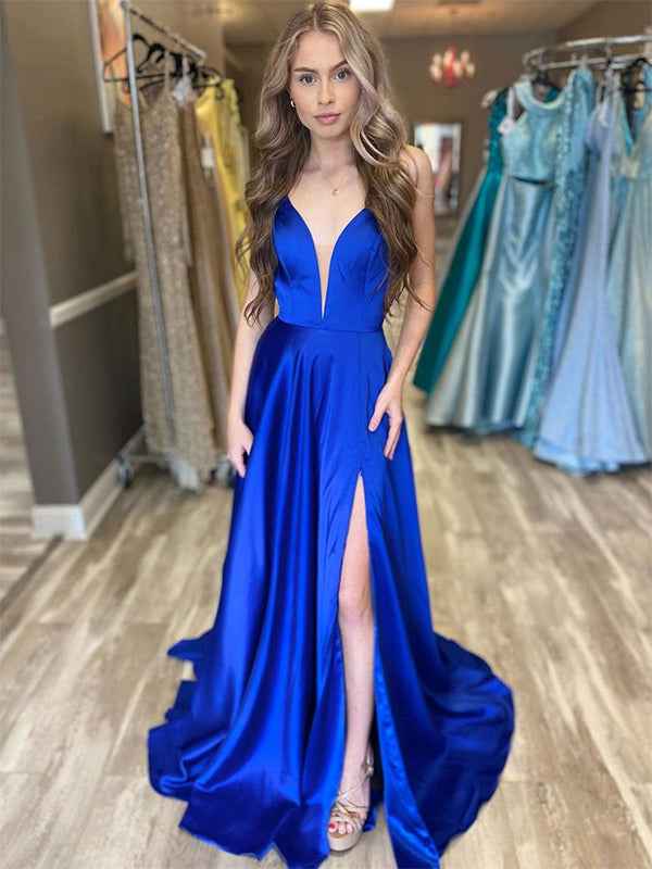 Blue A Line Spaghetti Straps Satin Long Prom Dress with Slit