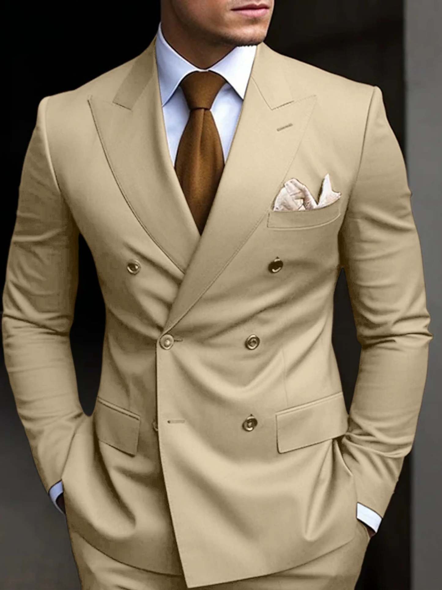 Double Breasted Six-Button Tailored Fit Wedding Suit For Men In Solid Colors