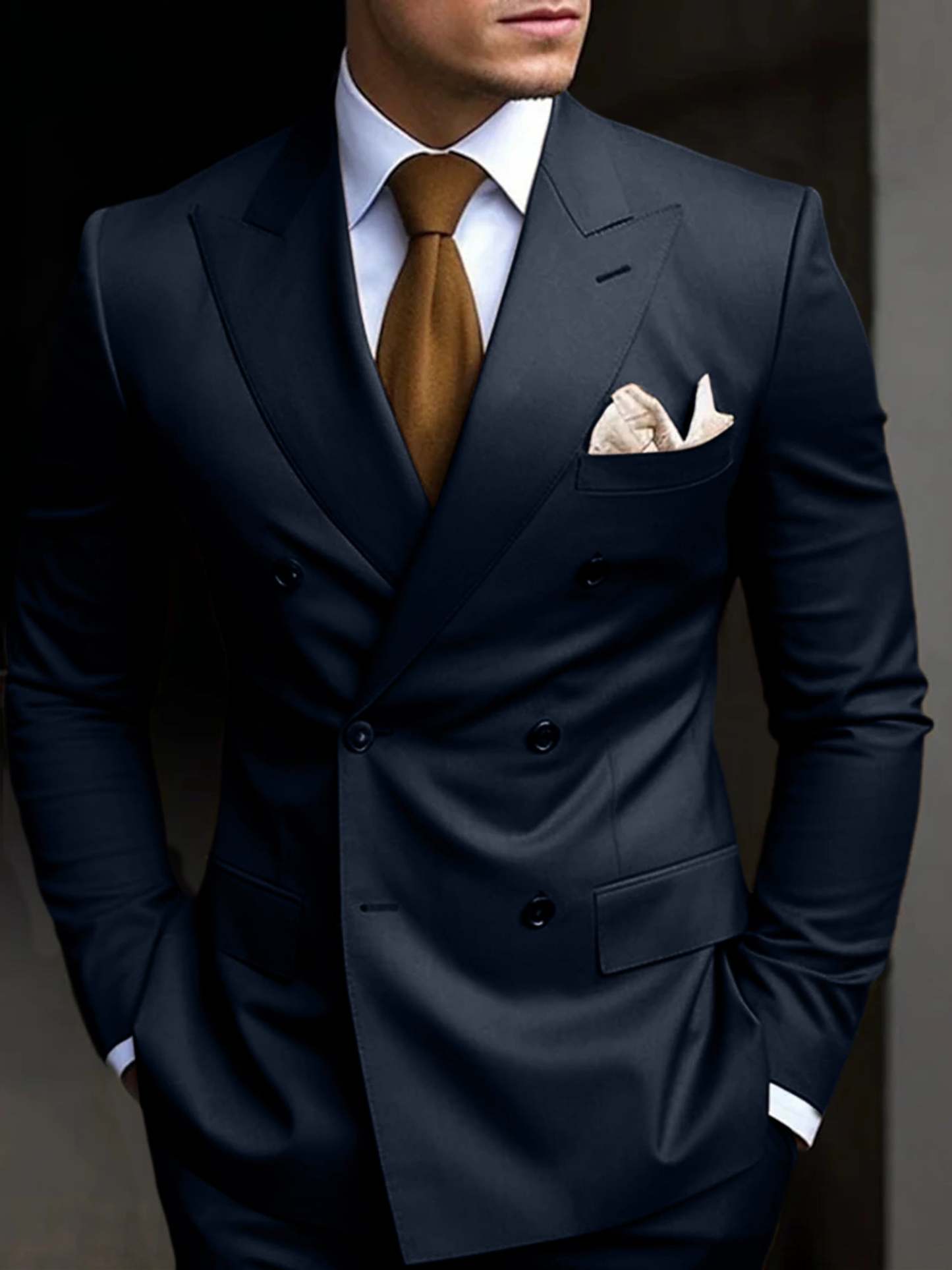 Double Breasted Six-Button Tailored Fit Wedding Suit For Men In Solid Colors