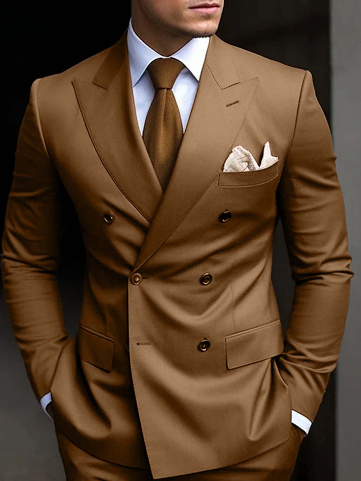 Double Breasted Six-Button Tailored Fit Wedding Suit For Men In Solid Colors