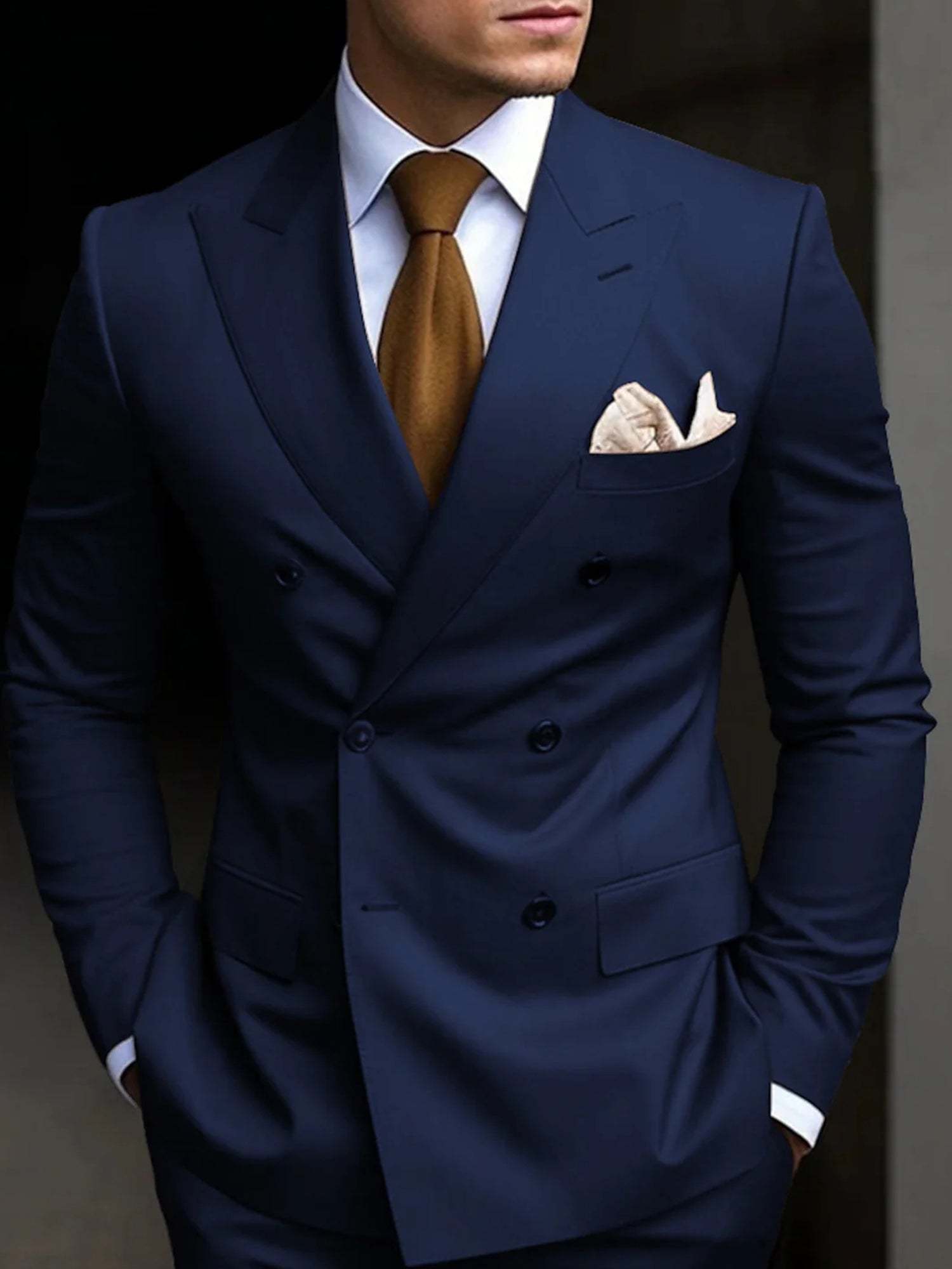 Double Breasted Six-Button Tailored Fit Wedding Suit For Men In Solid Colors