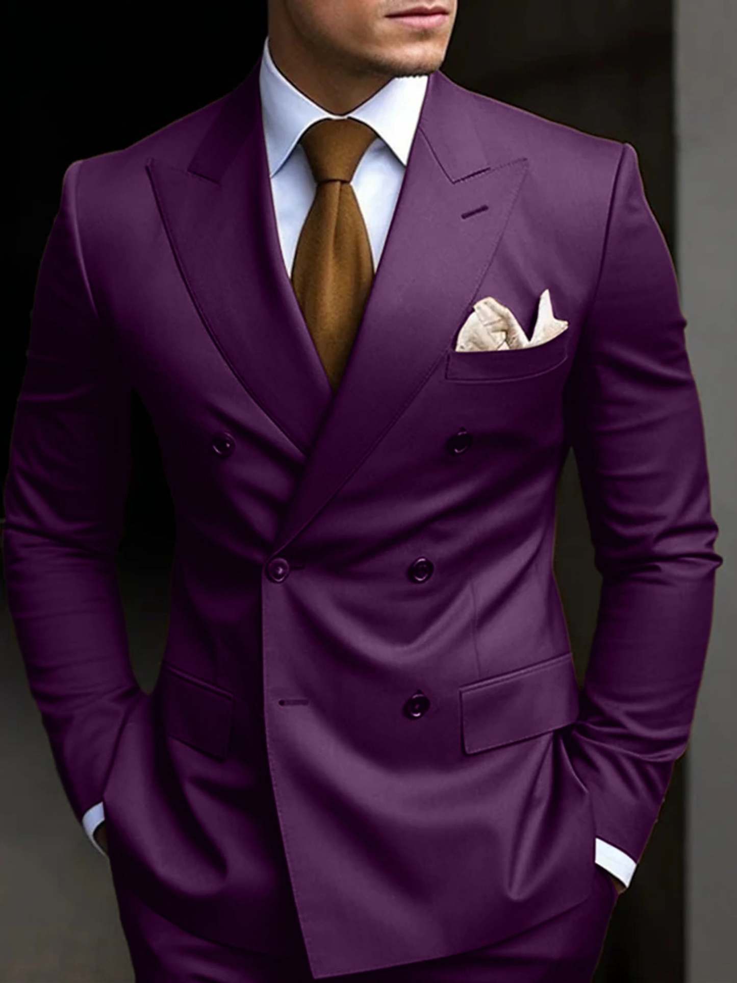 Double Breasted Six-Button Tailored Fit Wedding Suit For Men In Solid Colors