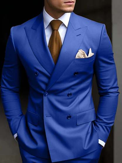 Double Breasted Six-Button Tailored Fit Wedding Suit For Men In Solid Colors