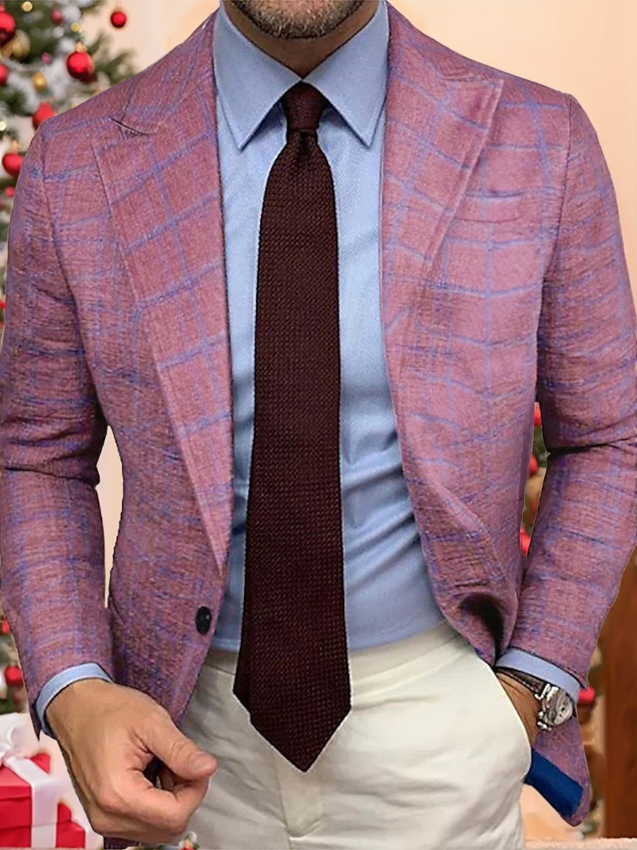 Men's Tailored Fit Plaid Casual Jacket In Pink Blue With Single Breasted Two-Buttons
