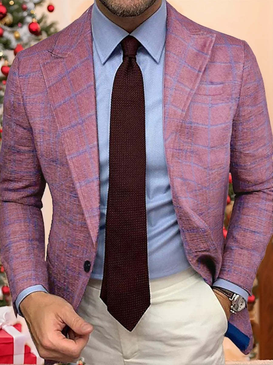 Men's Tailored Fit Plaid Casual Jacket In Pink Blue With Single Breasted Two-Buttons