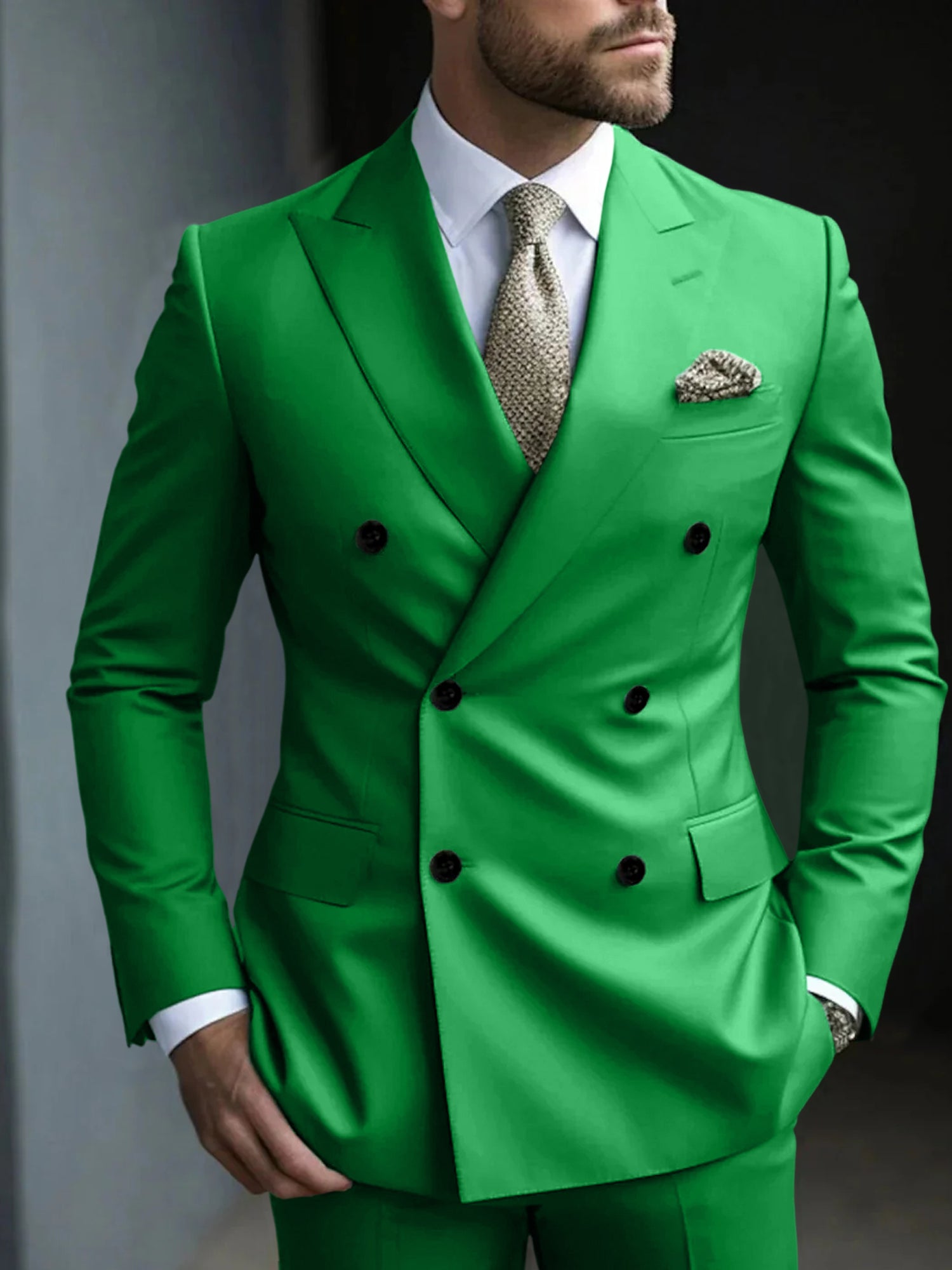 Men's Green Tailored Fit Double Breasted Six-Button Party Suit In 2 Solid Pieces