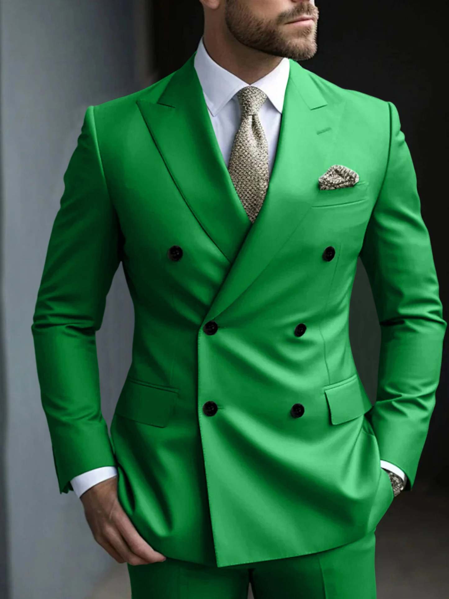 Men's Green Tailored Fit Double Breasted Six-Button Party Suit In 2 Solid Pieces