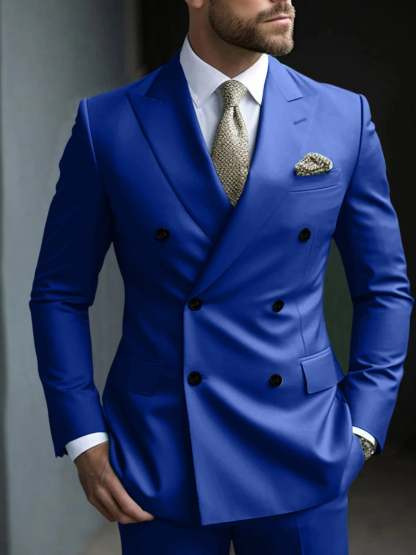 Men's Green Tailored Fit Double Breasted Six-Button Party Suit In 2 Solid Pieces