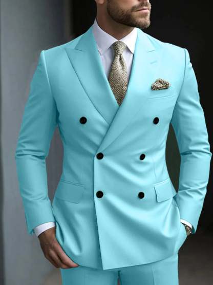 Men's Green Tailored Fit Double Breasted Six-Button Party Suit In 2 Solid Pieces