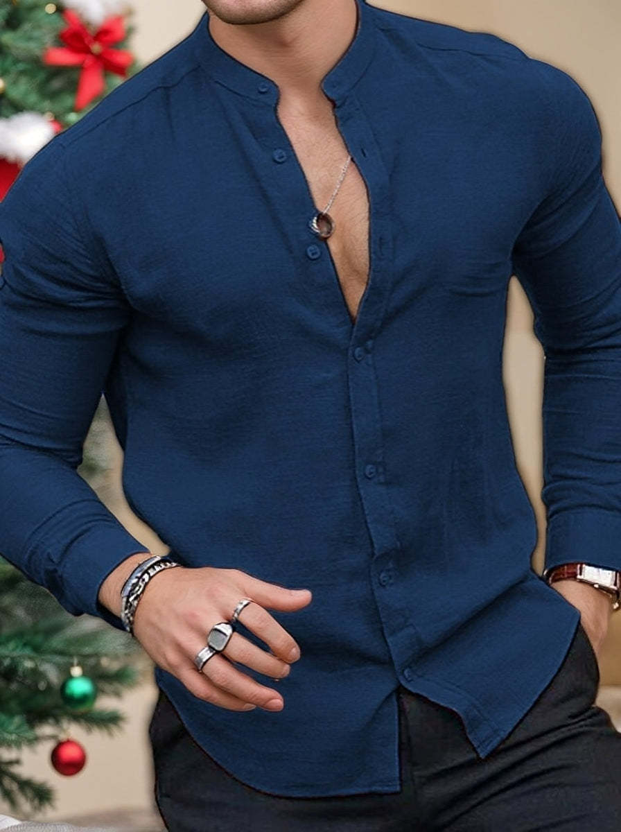 Solid Color Long Sleeve Shirt For Men In Casual Cotton Linen